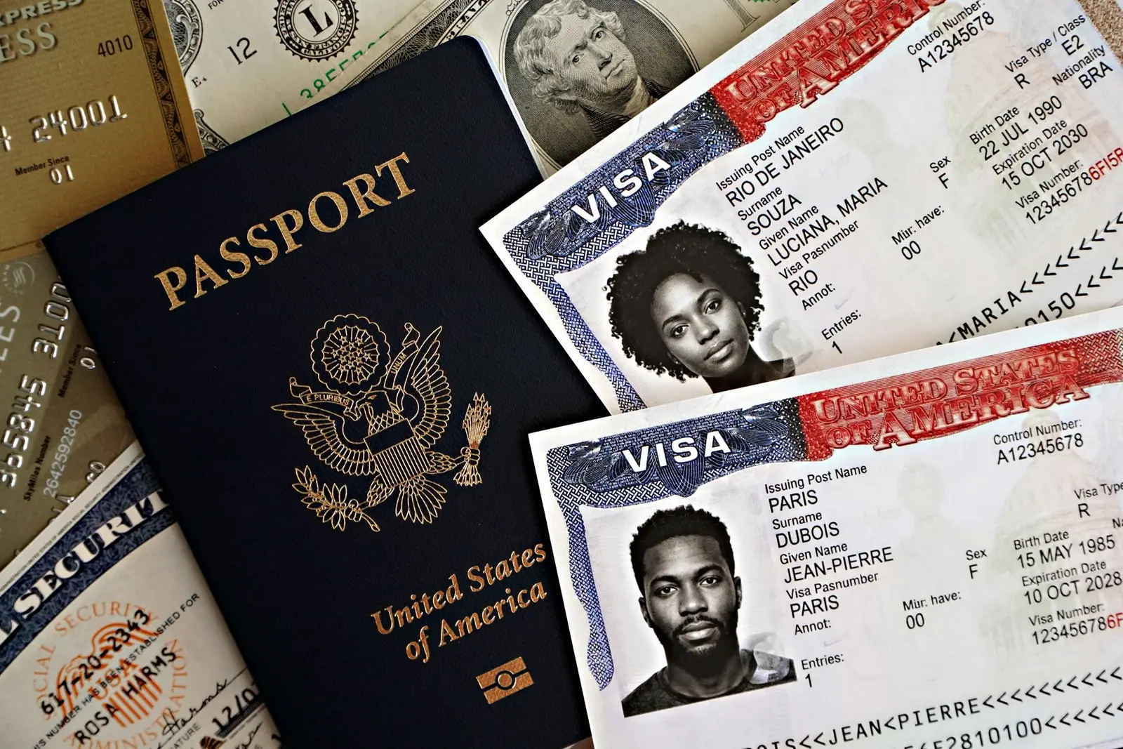 A US passport book beside visa pages and US dollar notes