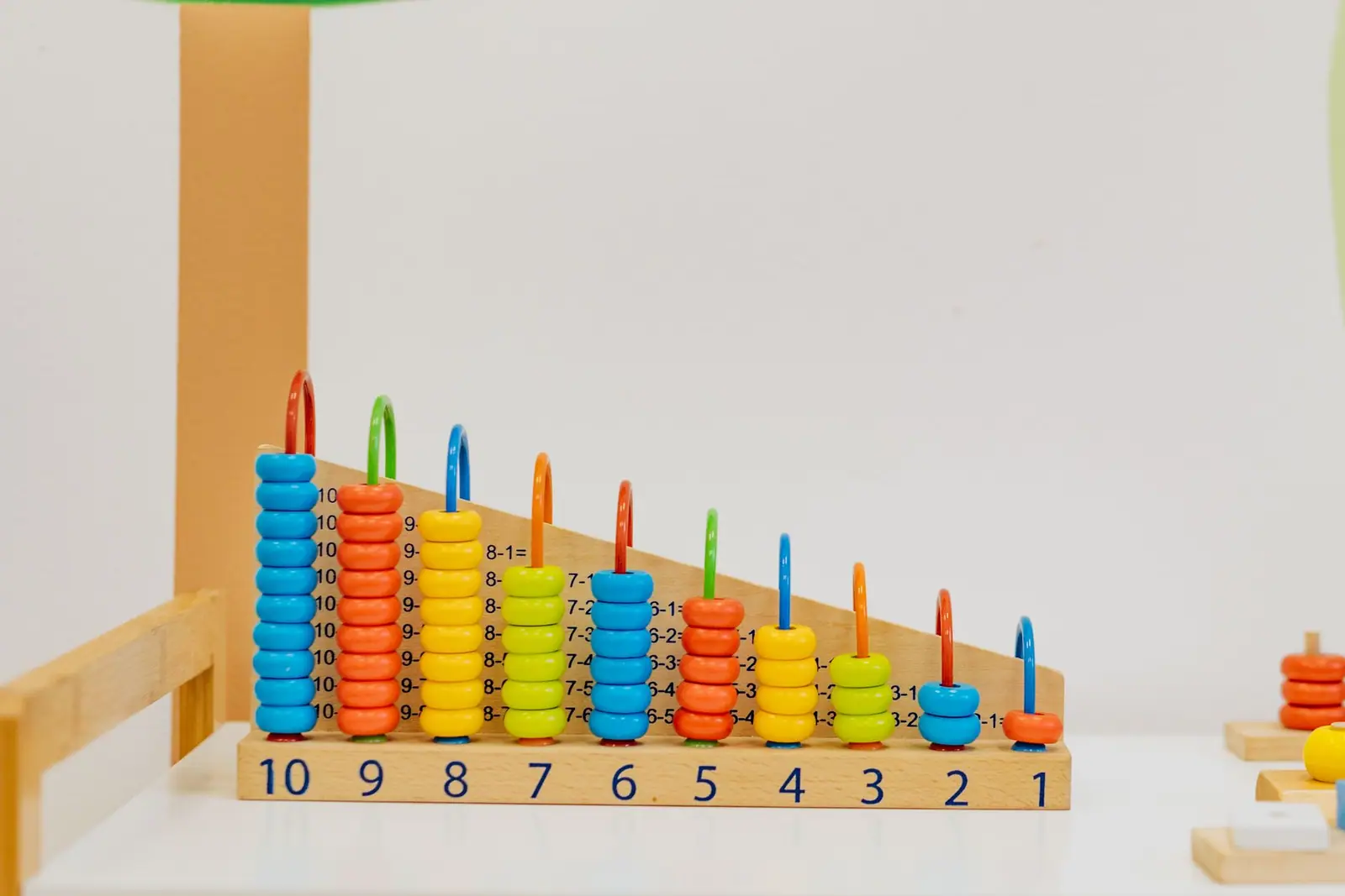 A colorful wooden counting toy with beads and numbers on a shelf